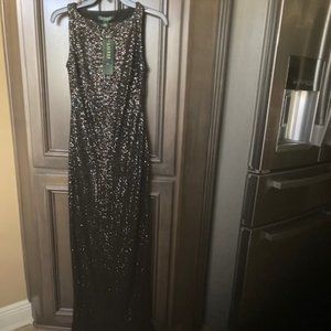 Lauren Ralph Lauren Evening Black Sequin Sleeveless Cut Out Back Maxi Gown